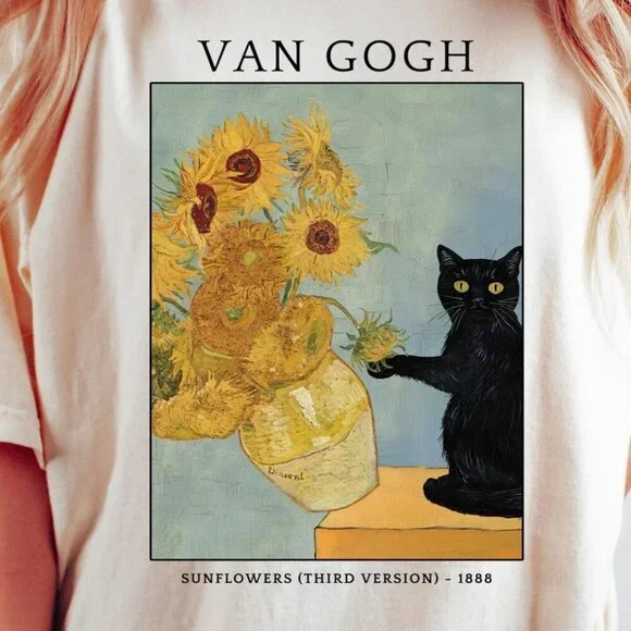 Van Gogh Cat Shirt, Vintage Art Tee, Black Cat Shirt, Sunflower Cat T-Shirt - Picture 2 of 5